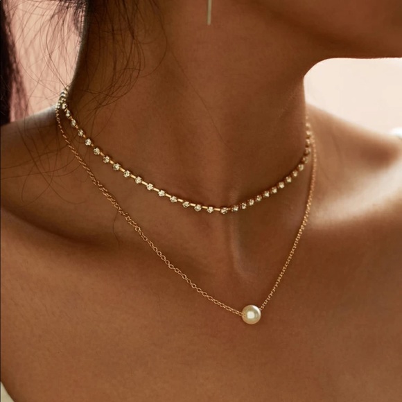 Jewelry - • Lark • Pearl Pendant + Rhinestone Choker Set